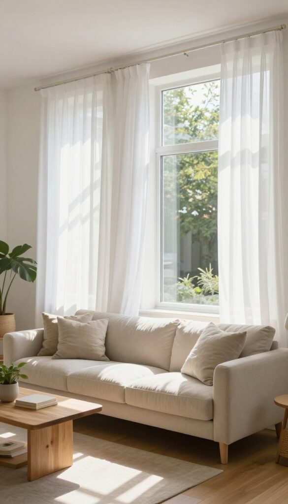 Bright living room with sheer curtains and mirror reflecting natural light