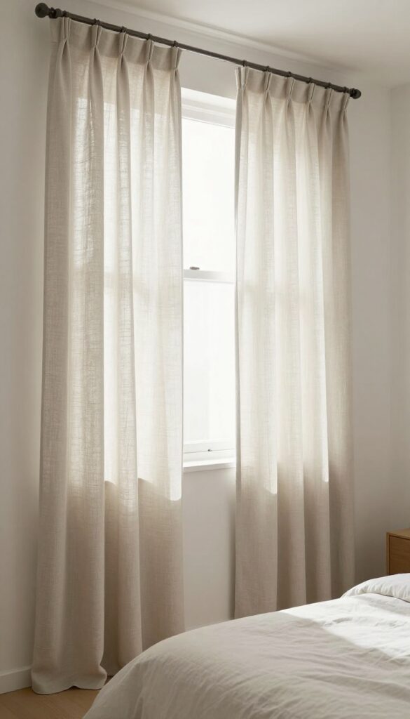 Small square bedroom with high and wide curtains making the room feel taller and wider