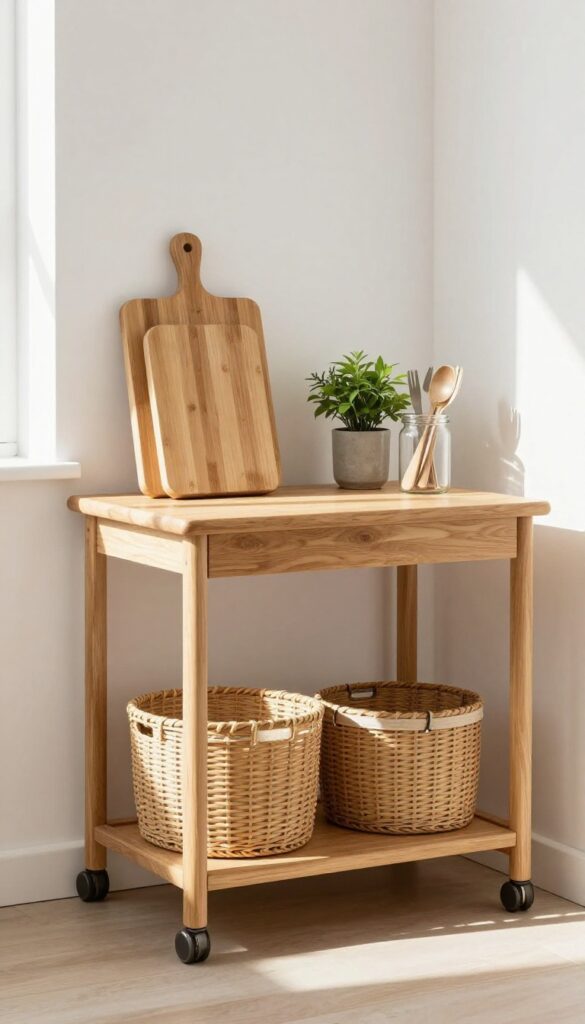 A slim rolling cart in a bright kitchen, holding a cutting board, plant, and utensils, with woven baskets on lower shelves.