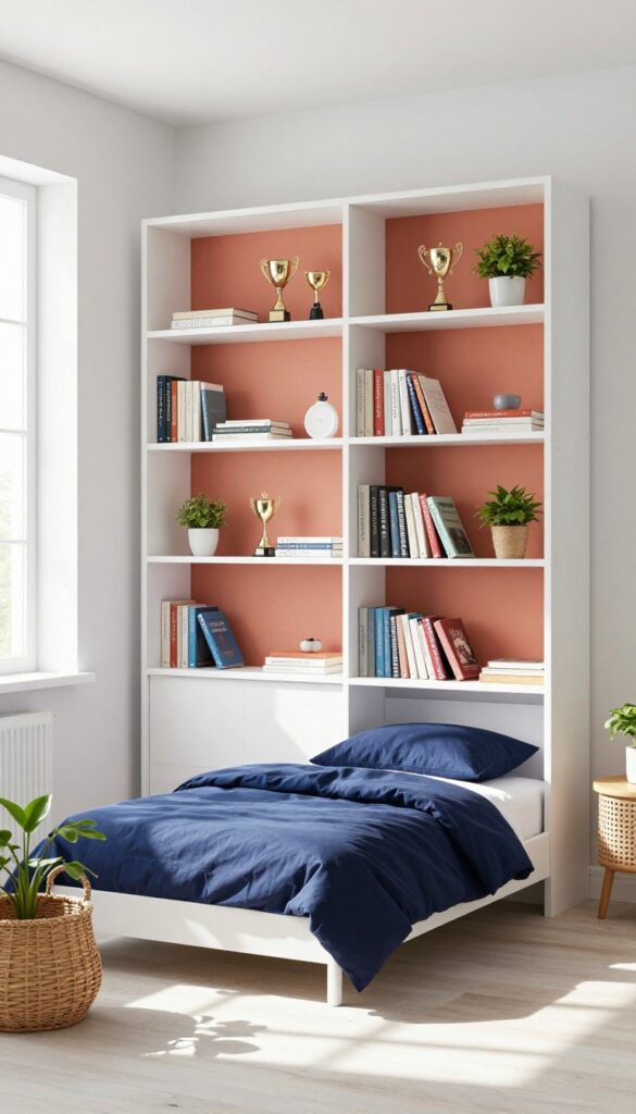Boys bedroom with built-in bookshelves displaying books and trophies, warm terracotta back panel, twin bed with navy duvet, natural light.