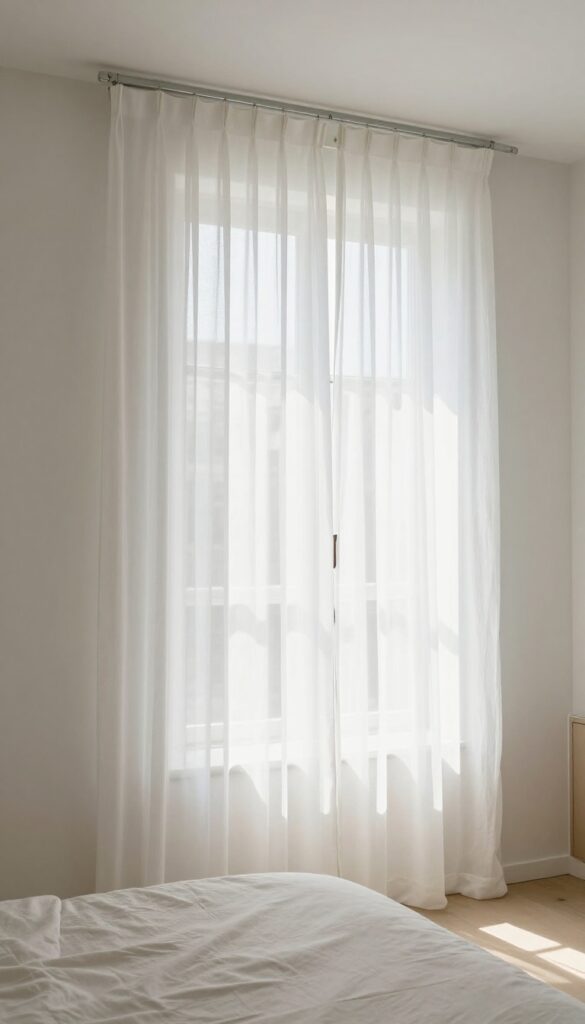 Small bedroom with full-height white linen curtains mounted near ceiling, pooling on floor, creating illusion of taller walls.