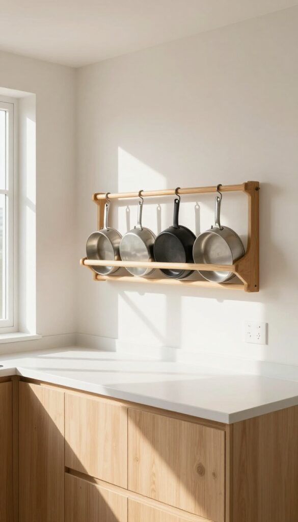 Modern kitchen with wooden pot rack over island, holding metal pots in natural light