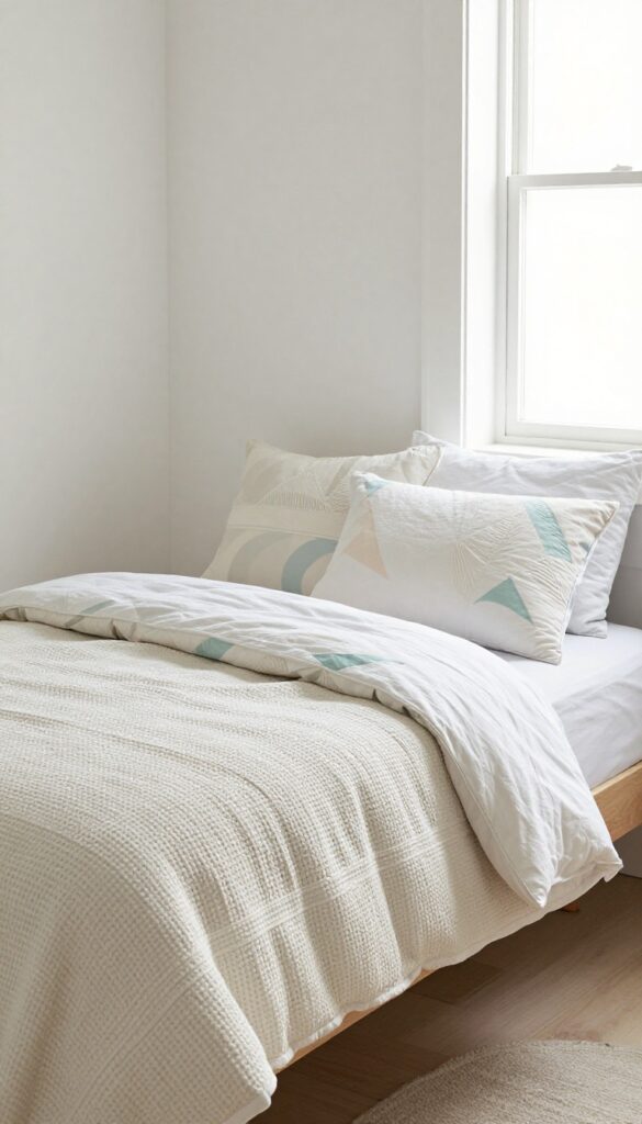 Modern kids bedroom bed with layered quilt and throw pillows in soft pastel tones, bright natural light