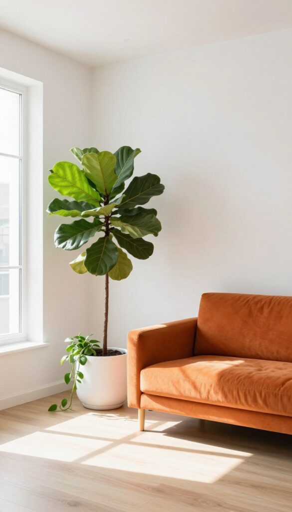 Orange sofa with tall fiddle-leaf fig and trailing pothos in a bright living room