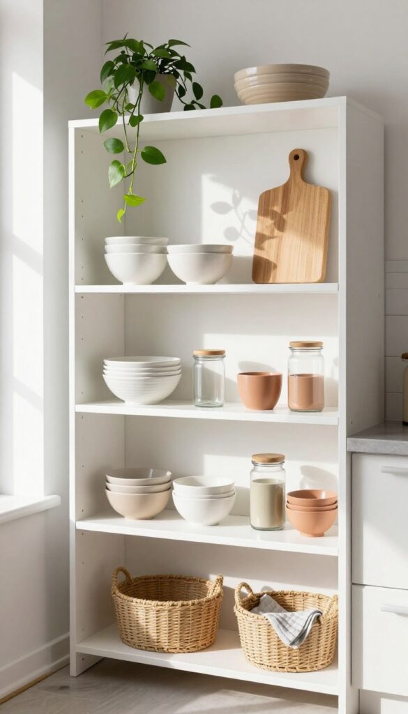 Open shelving in a bright kitchen with neatly arranged dishes, plants, and woven basket, styled with neutral tones and natural light.