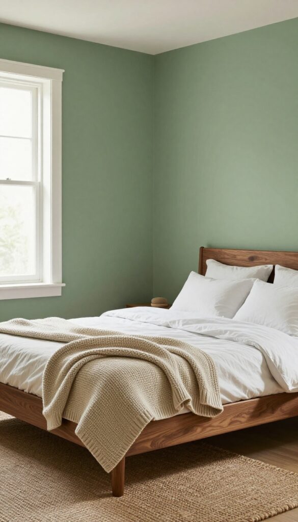 Sage green bedroom with warm wood tones, natural light, jute rug, and knit throw