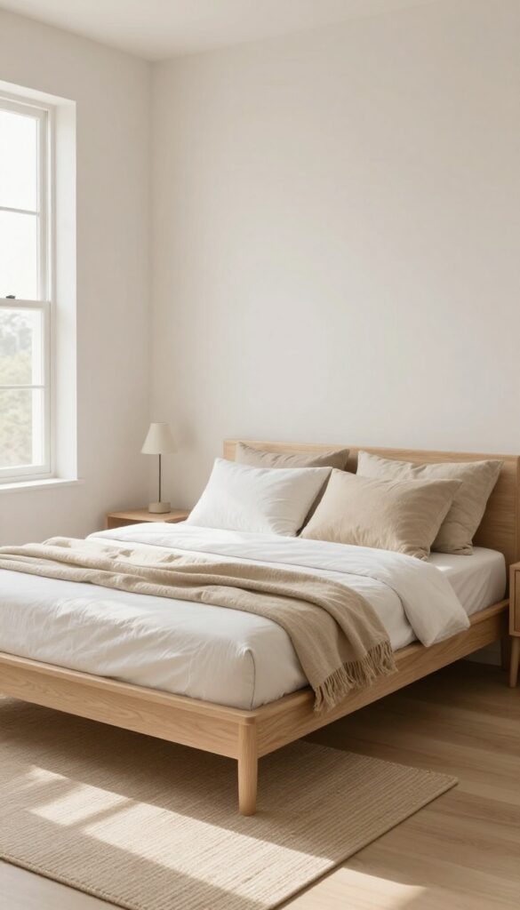 Small bedroom with low-profile bed frame, minimal decor, and natural light