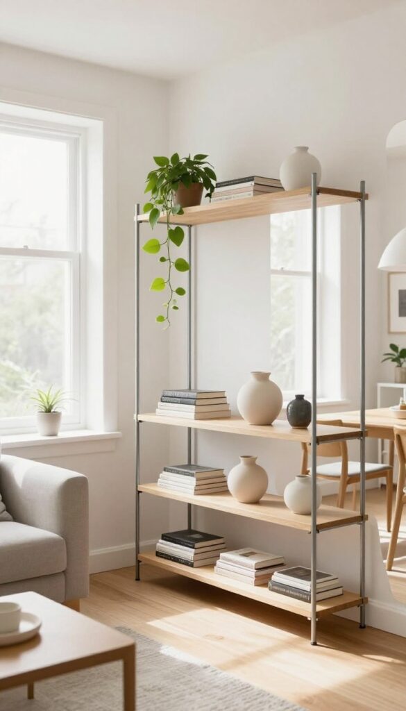 Low open shelf unit dividing living and dining areas in a sunlit room