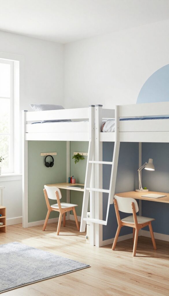 Two loft beds over separate study nooks in a bright children's bedroom