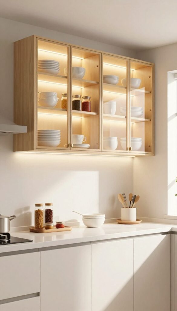 Small Indian kitchen with glass-front cabinets and warm LED strip lighting, showcasing neatly arranged dishes and spice jars.