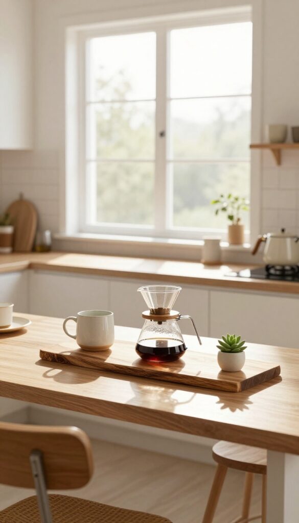 Sunlit kitchen windowsill coffee station with wooden slab, coffee maker, and succulent.