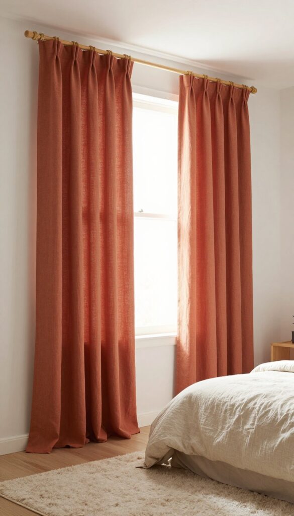 Kids bedroom with warm terracotta floor-length linen curtains, neutral walls, and cozy bed