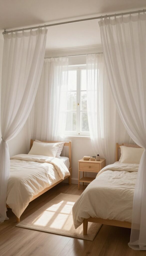 Two twin beds with a shared canopy in a bright, airy girls bedroom