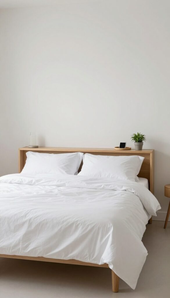 Slim console table behind bed with lamp, tray, and plant, serving as a workspace in a bright, airy bedroom