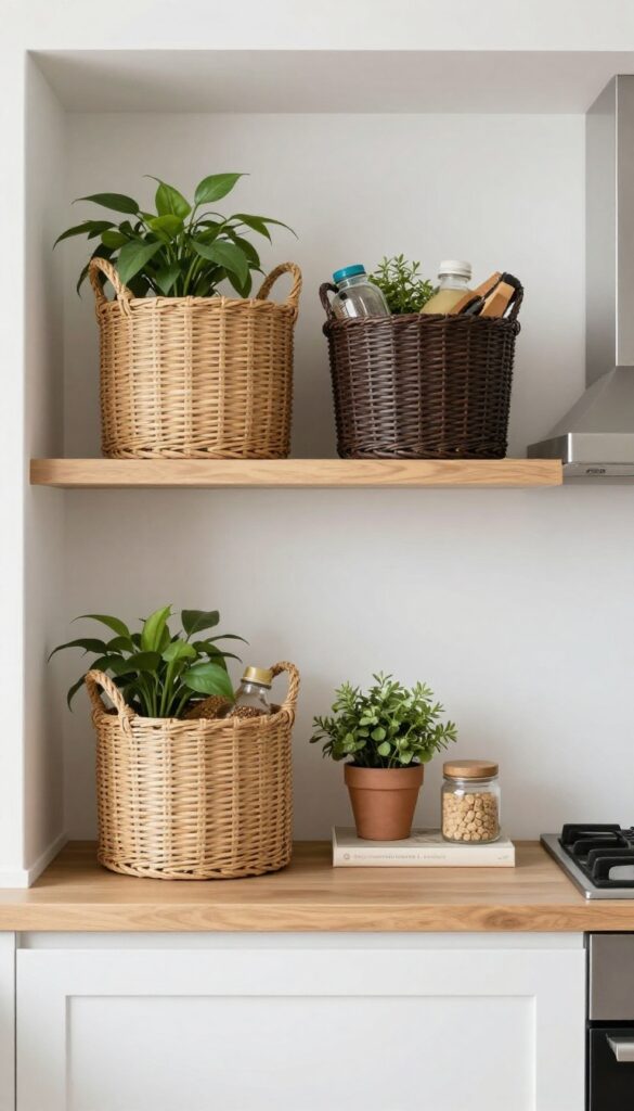Open shelving in a kitchen with woven baskets, a plant, and cookbooks, bright natural light