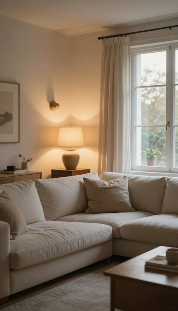 Cozy living room with layered ambient lighting including floor lamp, table lamp, and wall sconce, creating a warm and inviting atmosphere.