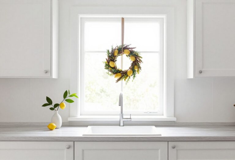 Bright kitchen with lemon herb wreath and lemon branch in vase