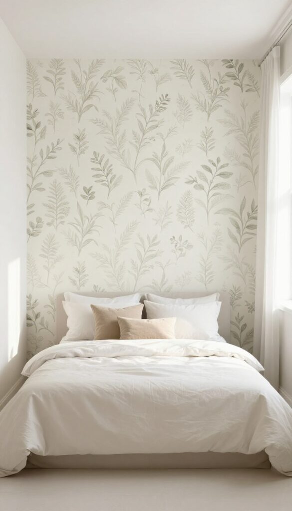 Small rental bedroom with removable botanical wallpaper accent wall behind bed, neutral bedding, natural light.