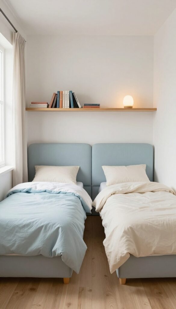Twin beds in an L-shape with a shared headboard in a cozy kids' bedroom