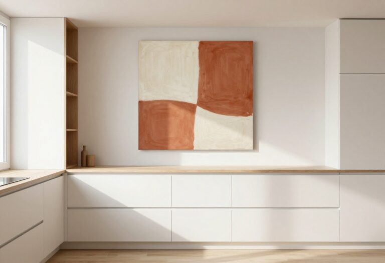 Modern kitchen with a large abstract canvas in warm terracotta tones on the wall, natural light, clean and cozy atmosphere.