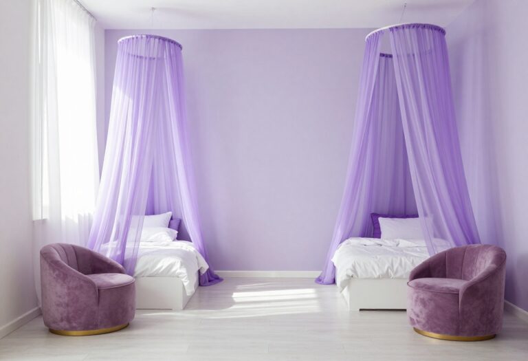 Girls purple bedroom with lavender accent wall, white canopy bed, and mauve reading chair