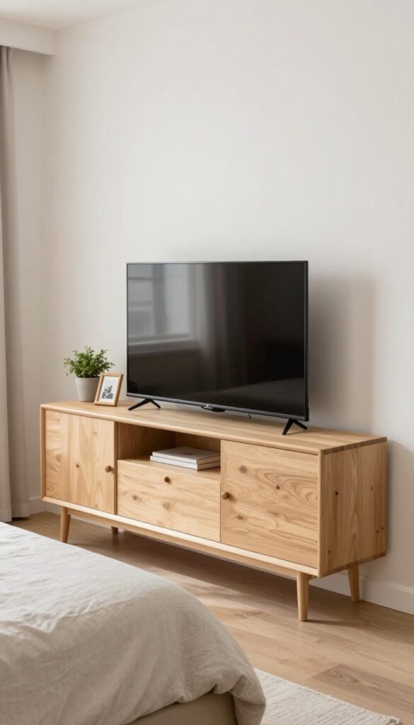 Tall narrow media unit in small bedroom with TV and plant on top