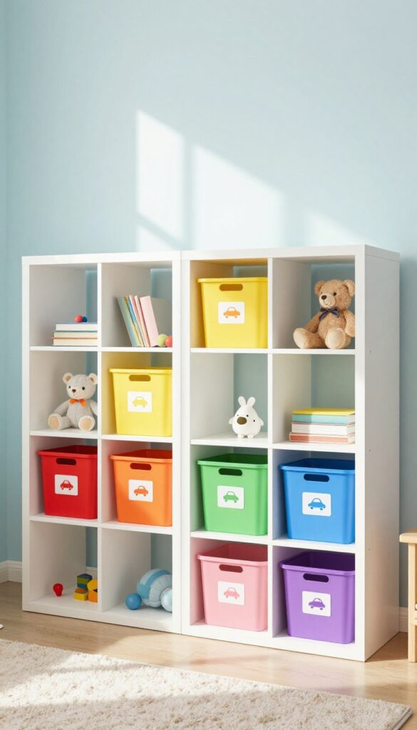 Colorful storage cubes with bins in rainbow colors and labels in a bright kids bedroom