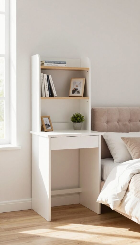 Compact white desk with hutch and tufted blush headboard bed in a bright teen girl's bedroom