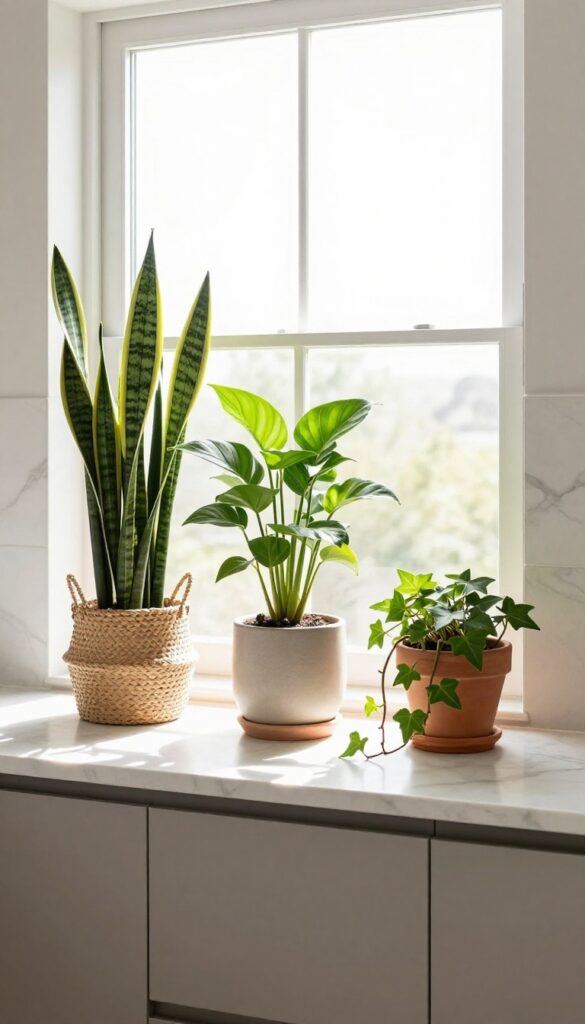 Cluster of potted plants on a kitchen windowsill adding greenery and warmth to a neutral modern kitchen.