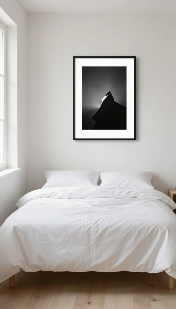 Minimalist bedroom with a single large black-and-white artwork above the bed, natural light, clean and airy feel.
