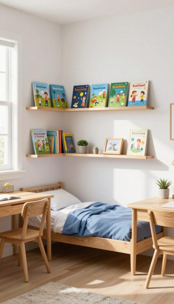 Vertical book ledges displaying face-out books in a shared boys' bedroom, with staggered heights and decor accents.