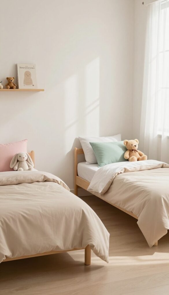 Two twin beds with matching oatmeal duvets and personalized accent pillows and stuffed animals in a bright, cozy shared kids bedroom.