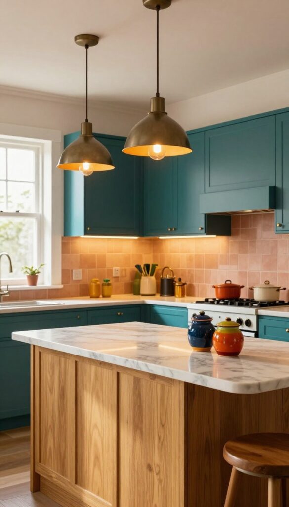 Warm colourful kitchen with layered lighting, pendant light over island, under-cabinet strips, warm amber glow, teal cabinets, terracotta backsplash, golden wood tones.