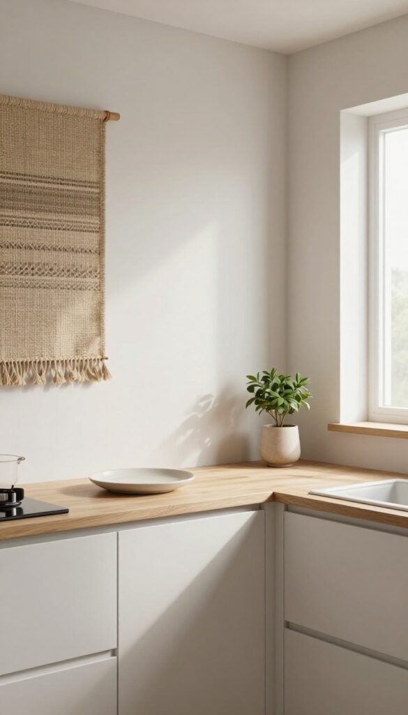 Textile wall hanging with subtle geometric pattern in a modern kitchen with natural light and neutral palette.