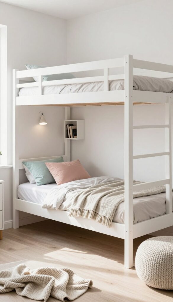 L-shaped bunk beds with a reading nook in a light and airy shared bedroom