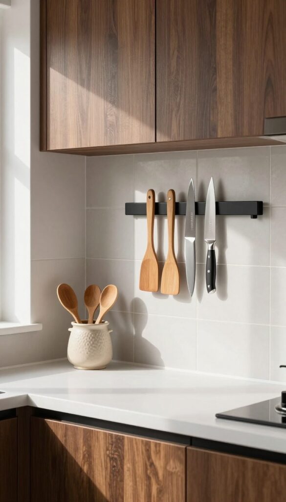 Magnetic knife strip and utensil crock in a bright guest suite kitchenette