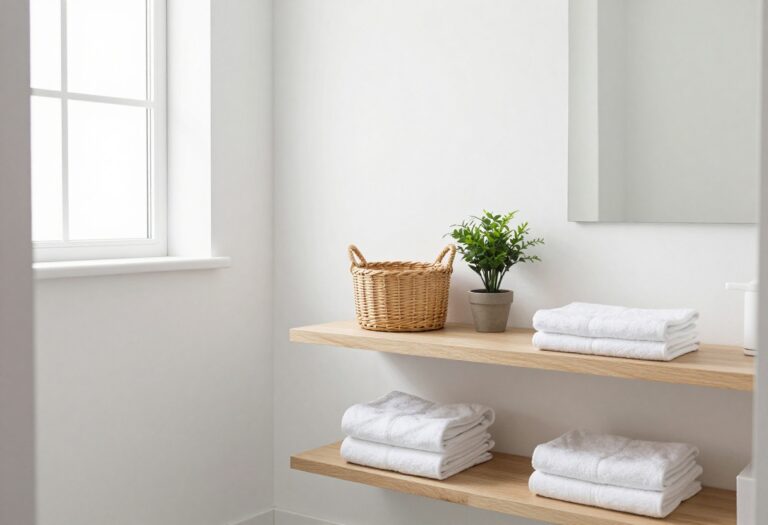 Bright guest bathroom with floating shelves and woven baskets for storage