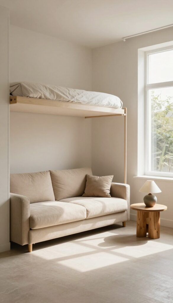 A compact loveseat in a bright room with a Murphy bed folded into a wall unit, creating a cozy seating area.