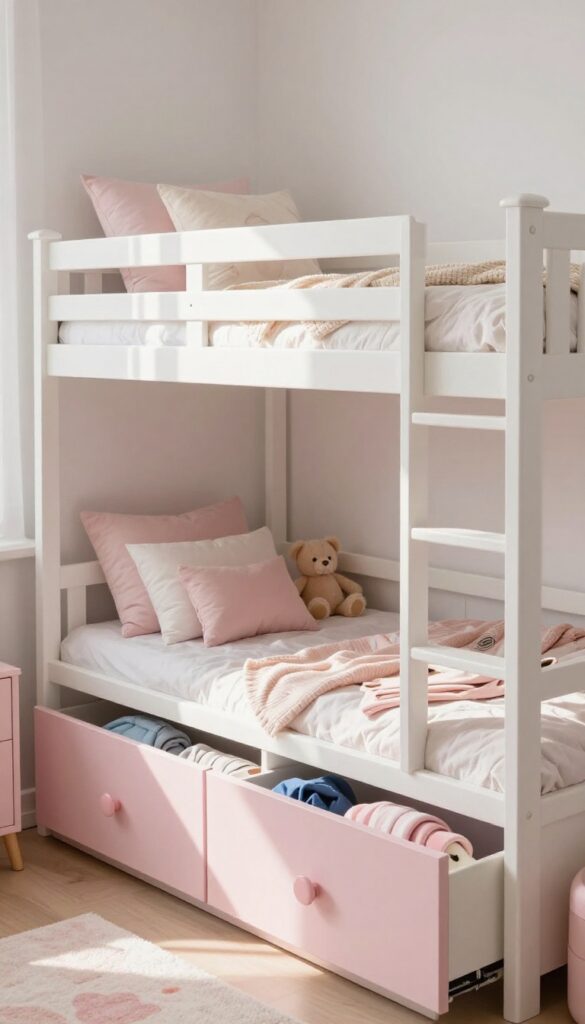 Bunk beds with built-in drawers in a small girls' bedroom