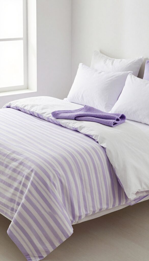 Lavender and white striped bedding set on a bed in a bright, airy bedroom.