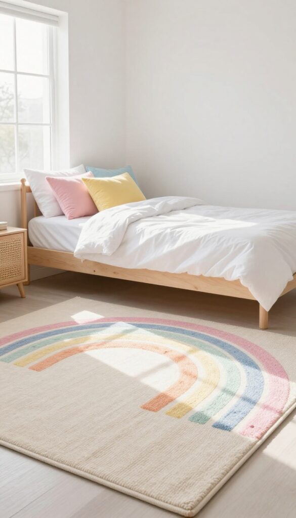 Girls bedroom with a pastel rainbow rug on the floor, white walls, natural wood furniture, and simple white bedding with colorful throw pillows, bright natural light.