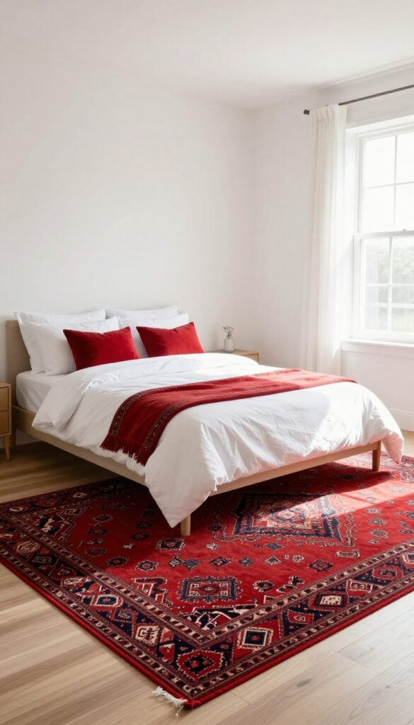 A bedroom with a red patterned rug under a bed, white bedding, and neutral walls, bathed in natural light.