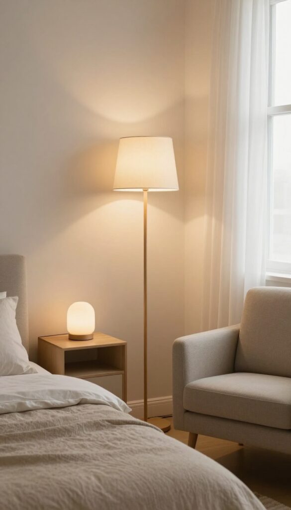 Cozy guest room with layered lighting from floor and table lamps, warm glow, no overhead light, budget-friendly decor.