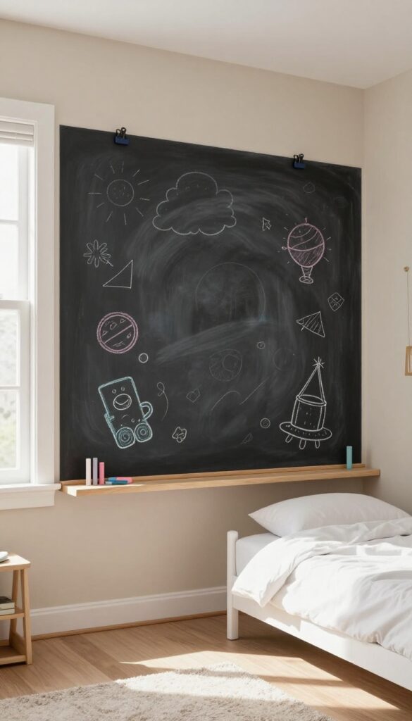 Kids bedroom with a chalkboard wall for drawing and displaying artwork, natural light, neutral decor