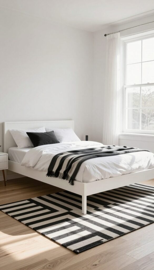 Black and white striped rug in a bright bedroom with white bedding and black accents.