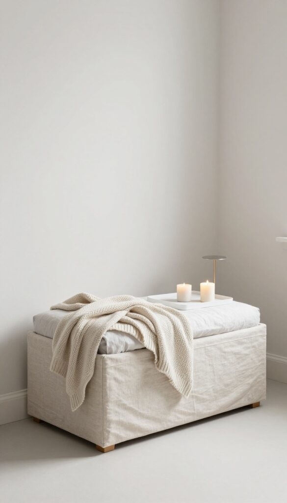 Small bedroom with a storage ottoman at the foot of the bed, featuring a tray with lamp and candle, and a knit throw draped over one corner.