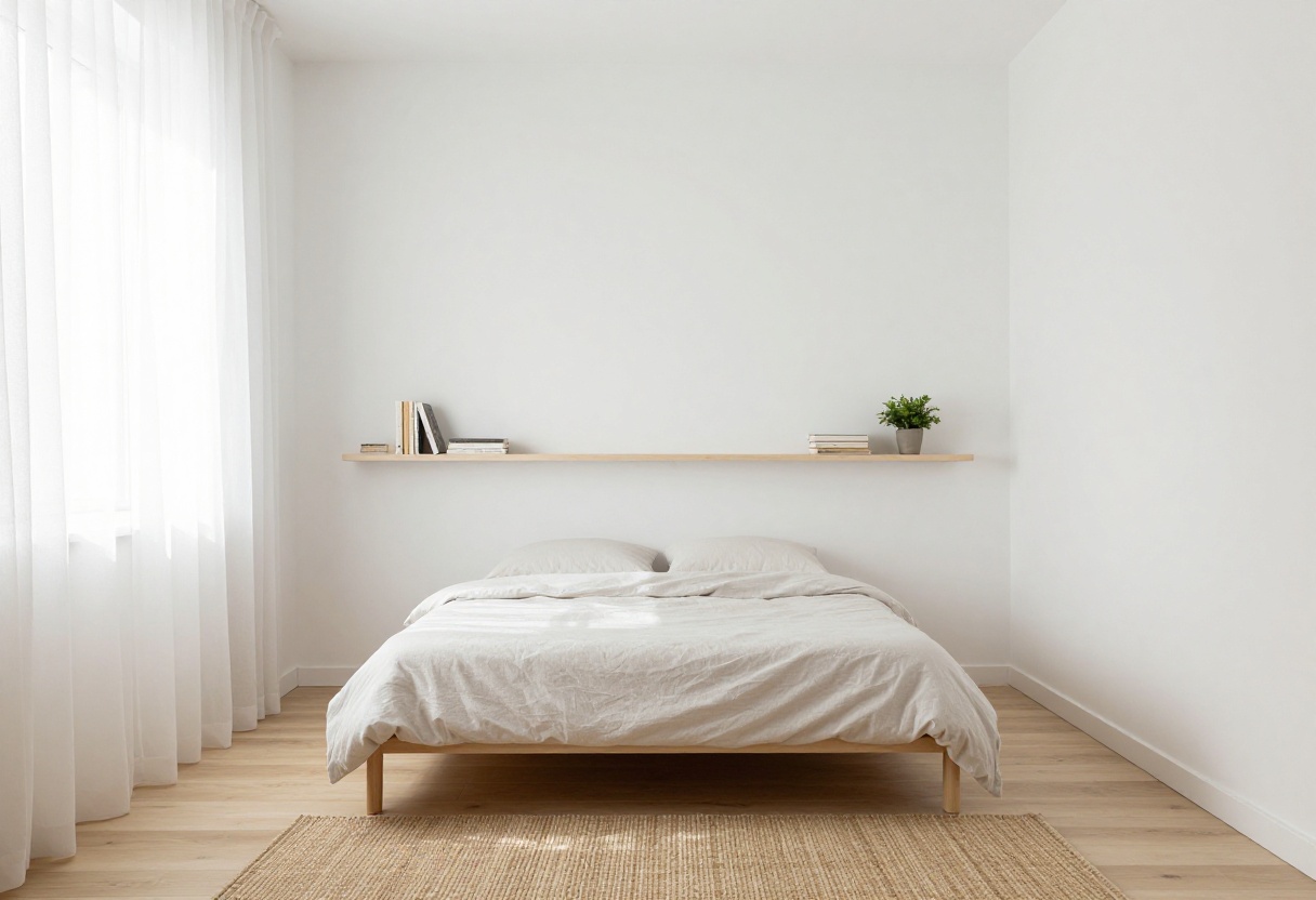 Light and airy small bedroom with white decor, floating shelves, and sheer curtains