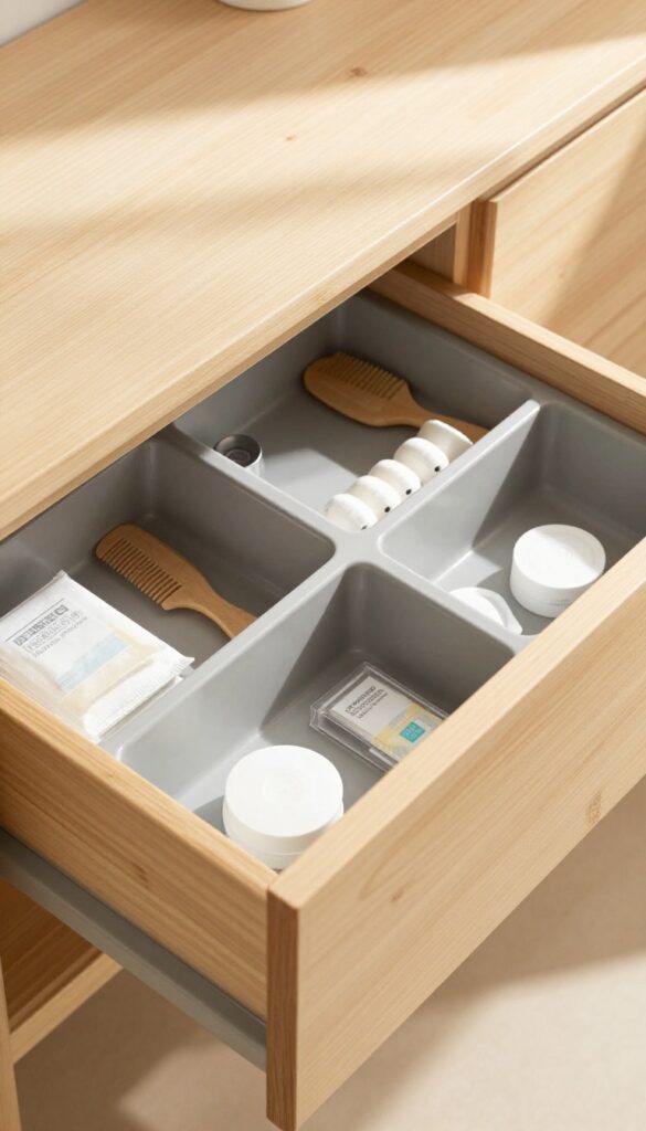 Open bathroom vanity drawer with bamboo organizers holding toiletries neatly.