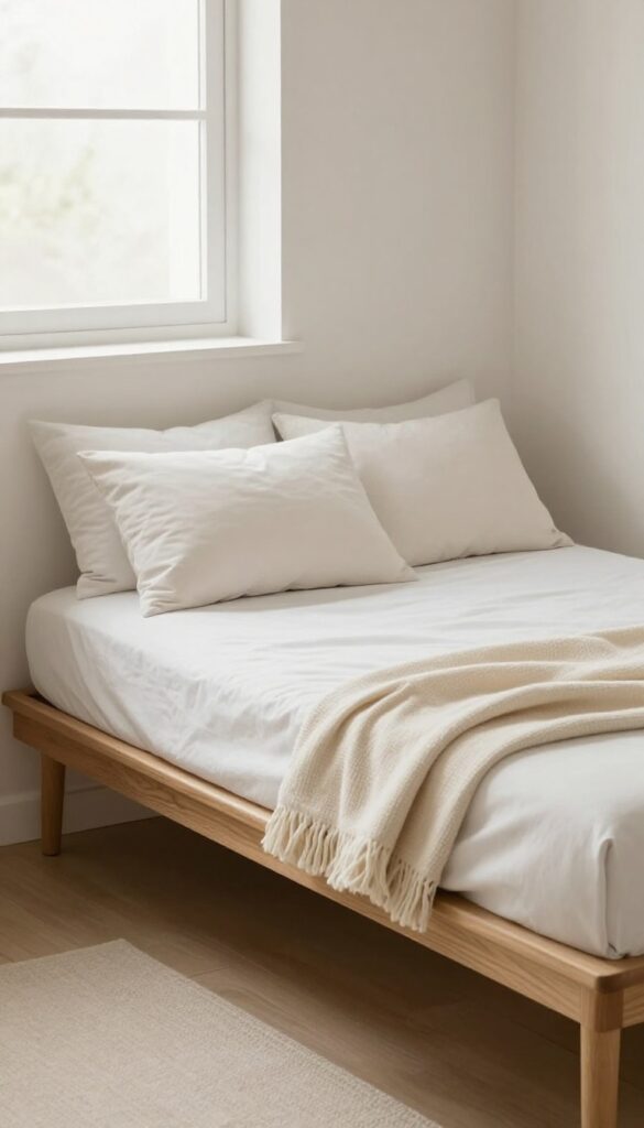 Small bedroom with a slim bench at the foot of the bed, decorated with a throw blanket and pillows, bright natural light.
