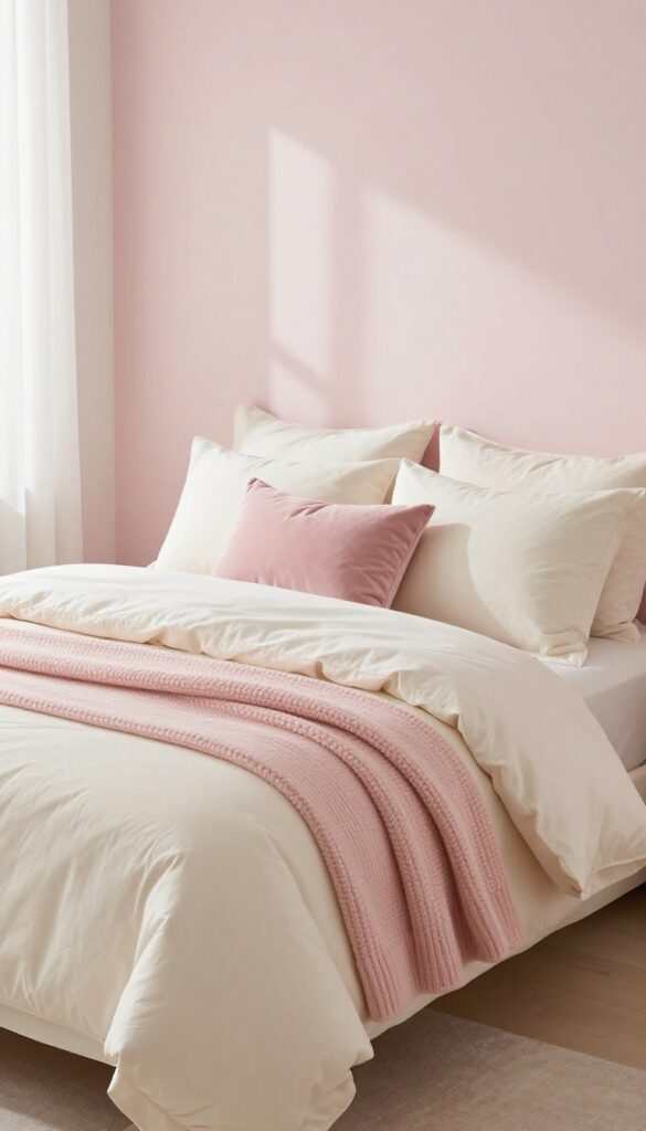 A cozy girl's bed with layered rose and cream bedding, including a quilt, knit throw, and mix of pillows, in soft natural light.